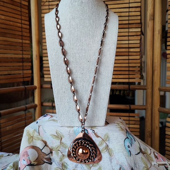 Vintage Copper Triangle Statement Necklace Renoir? MCM Jewelry J Hook Clasp - Picture 2 of 9